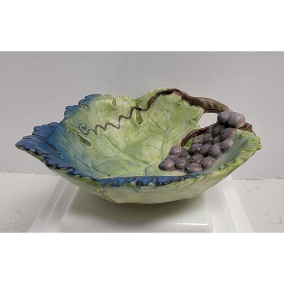 VTG Green Grape Leaf Takahashi San Francisco Pottery Ceramic Majolica Style Bowl - Picture 15 of 16